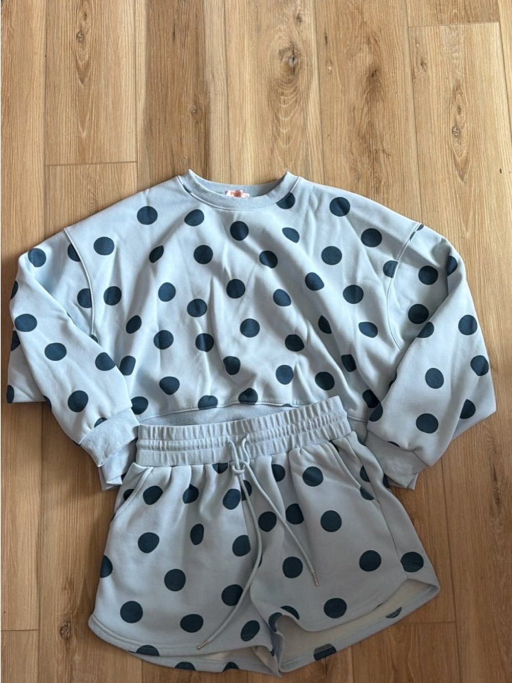 Polka Dot Crop Sweatshirt & Shorts Set - Light Blue